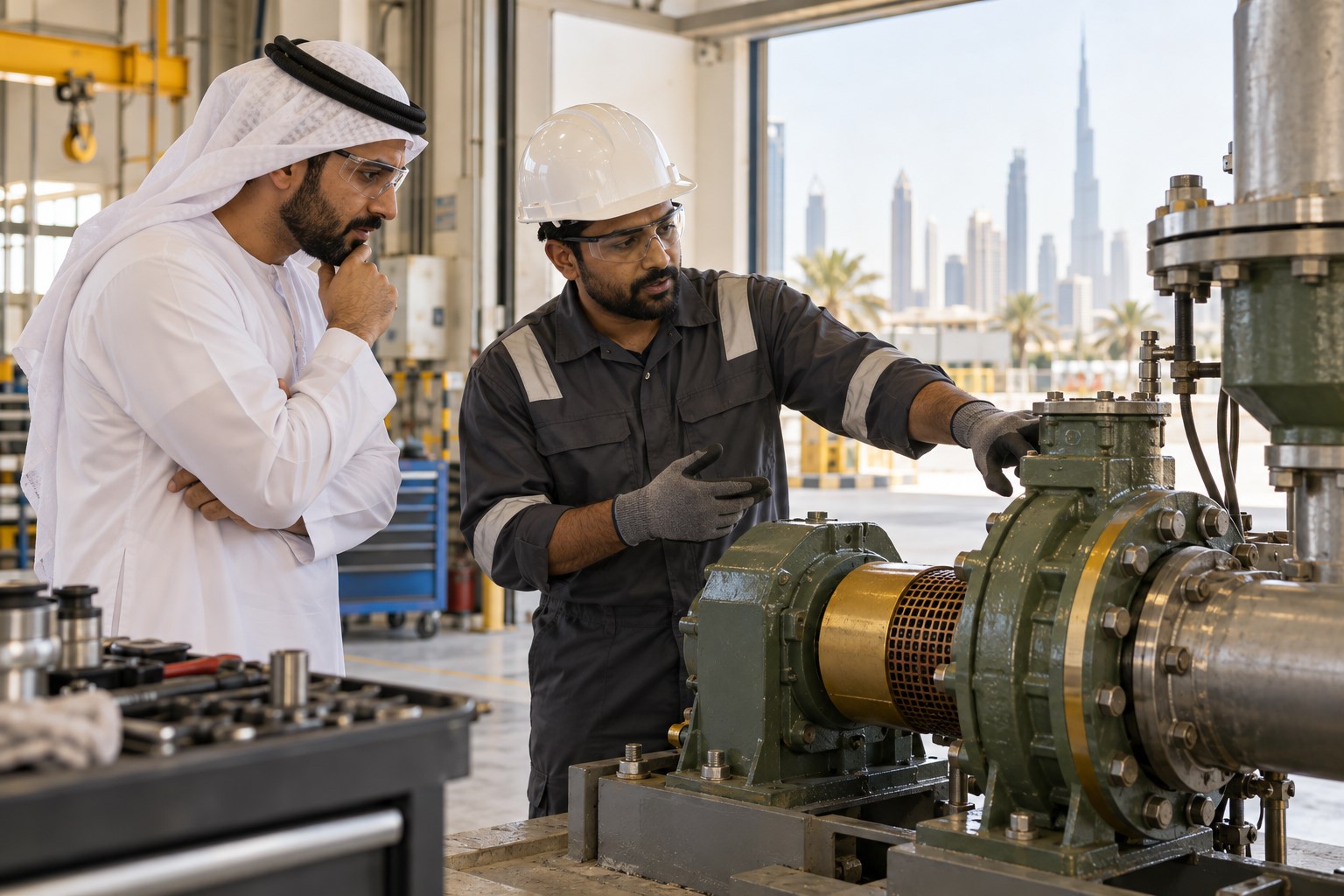 Engineer discussing equipment support