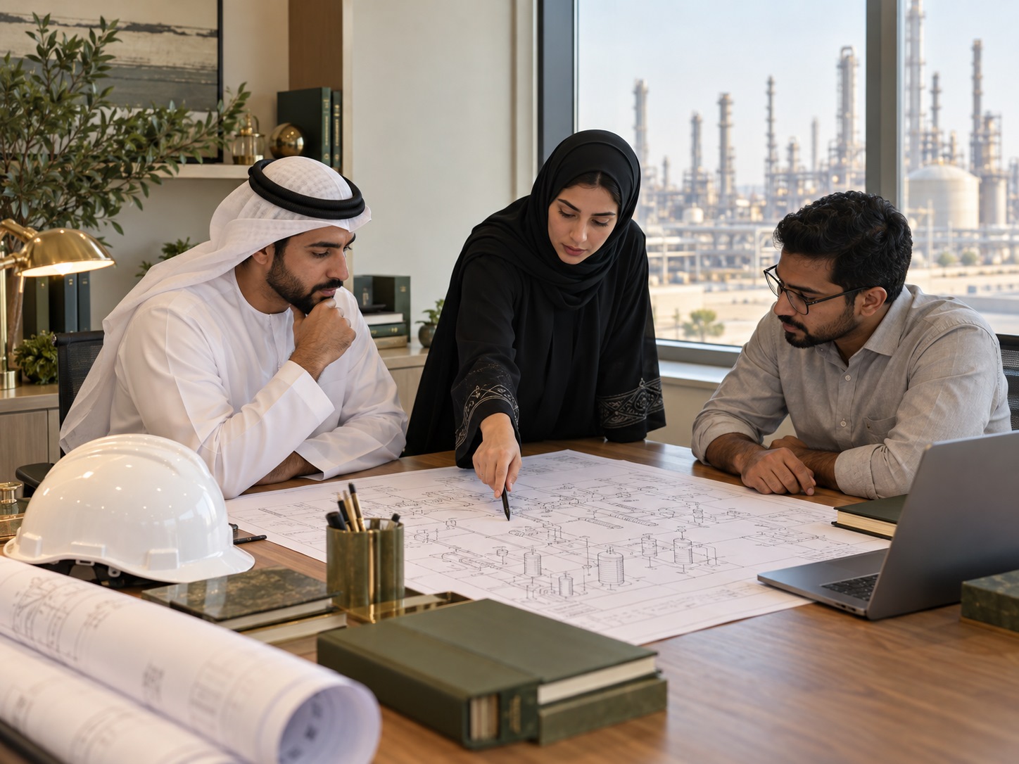 Engineers reviewing a process diagram