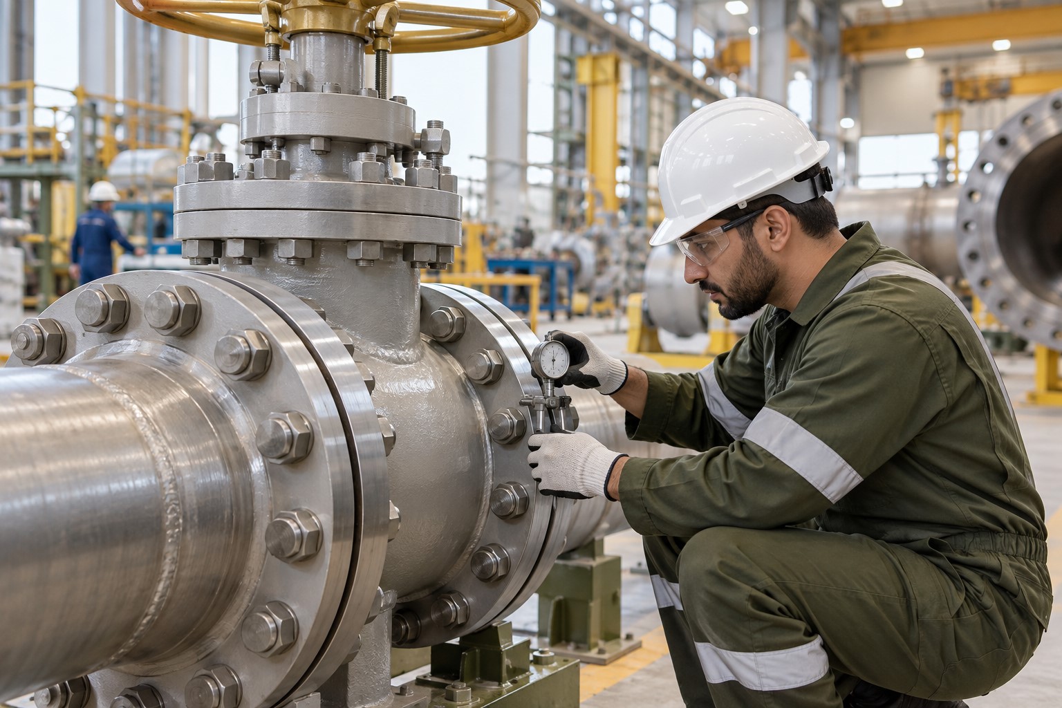 Industrial inspector examining a valve
