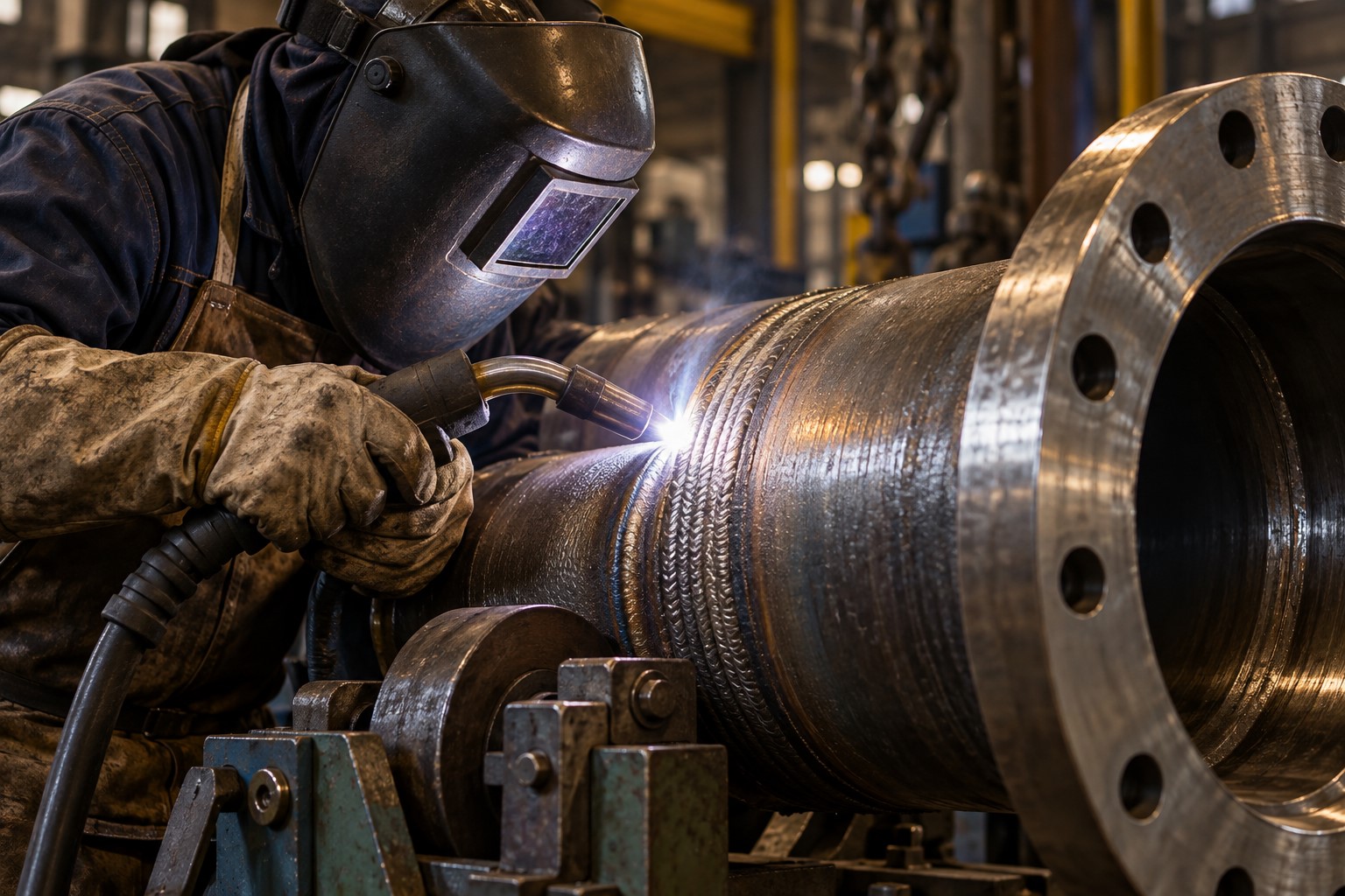 Welder applying overlay to a pipe